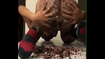 Hot Black Ass Sitting On Raspberry Chocolate Cake free video